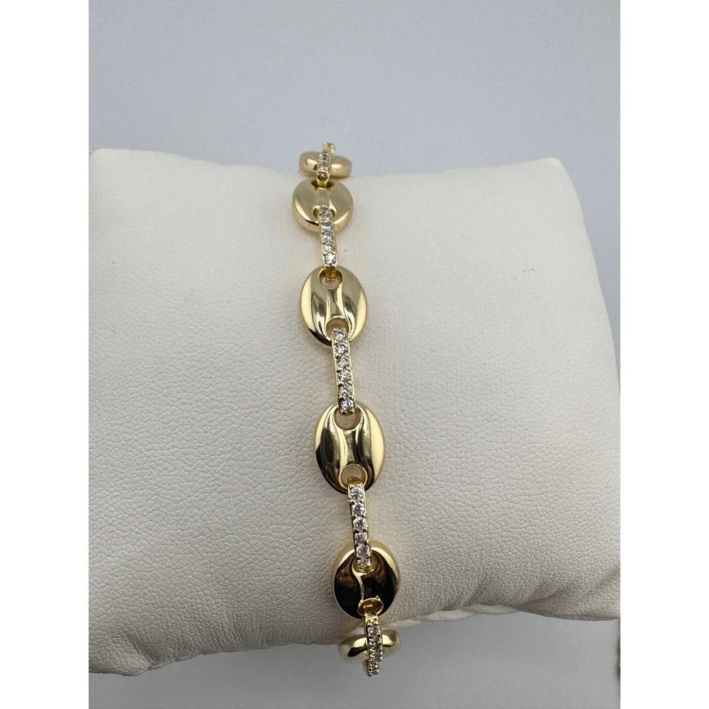 14k Gold Plated Puffed Mariner Link Bracelet CZ Coffee Bean Adjustable Chain